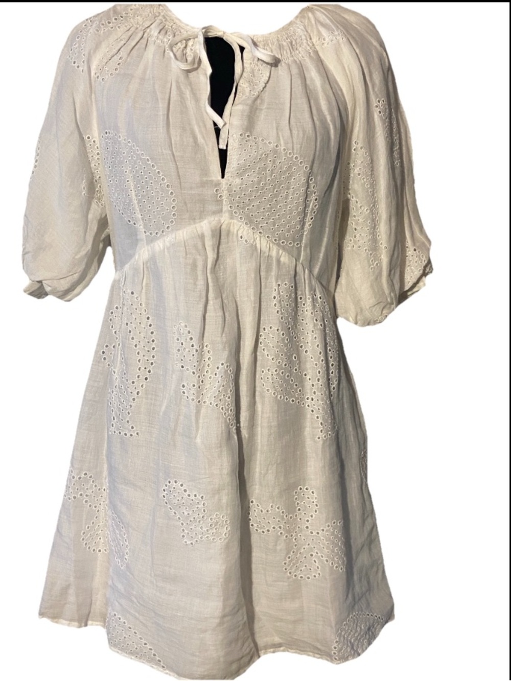 $468 Frame Women's White V-Neck Self Tie Puff Sleeve Eyelet Mini Dress Size S/P